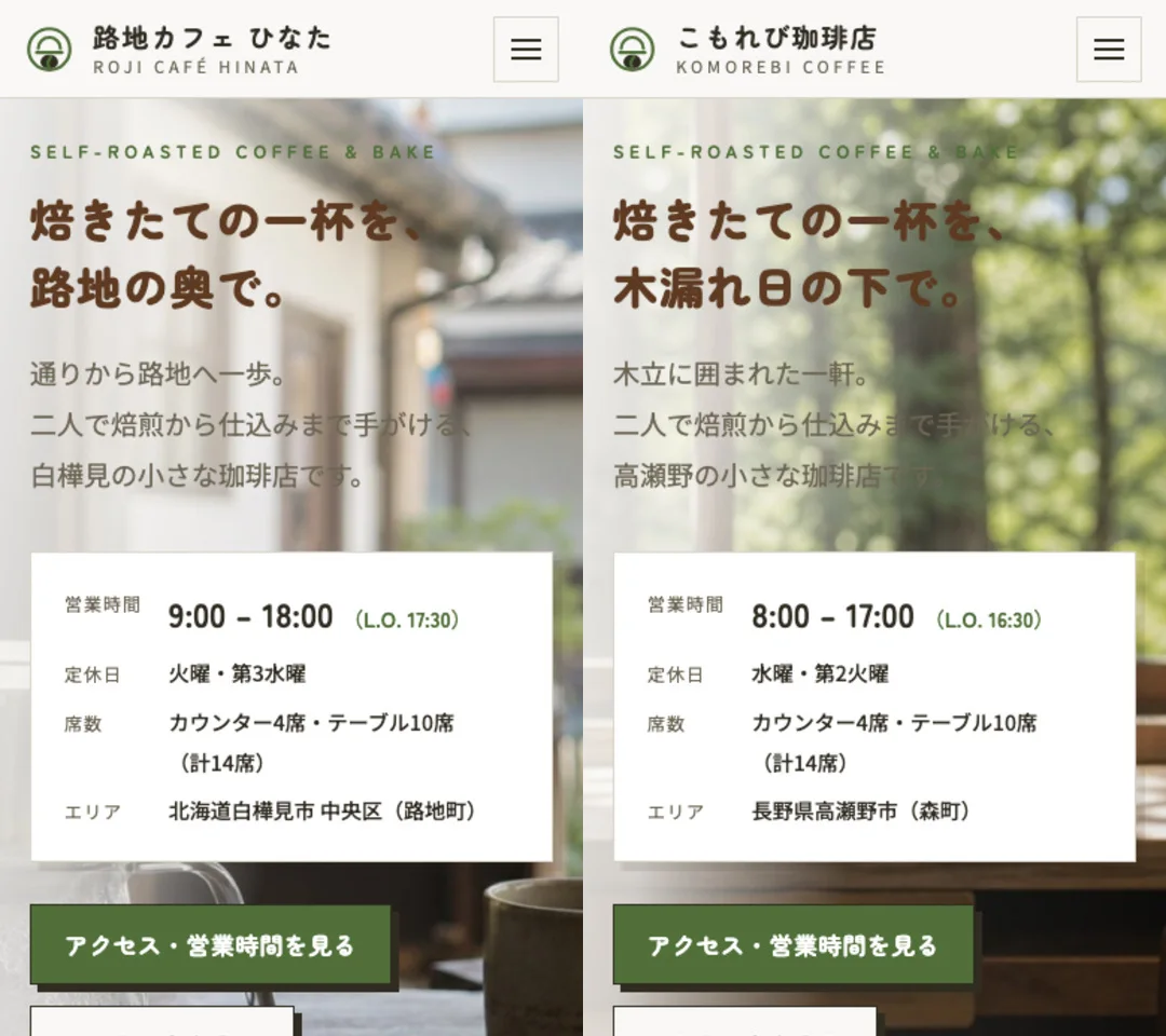 路地カフェ ひなたから、こもれび珈琲店へ店名、写真、見出し、営業時間、住所を変更した比較