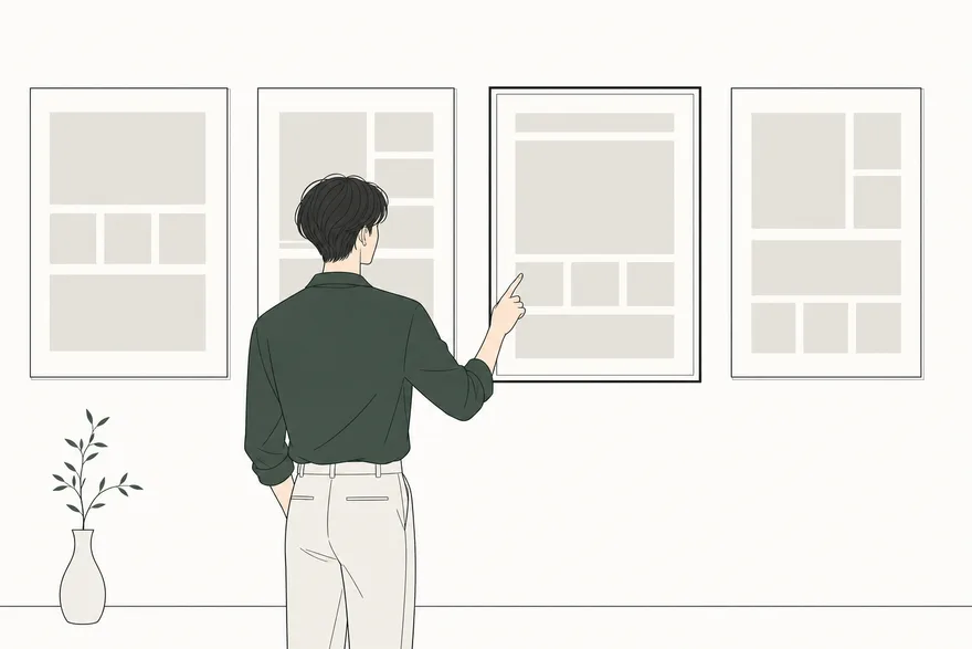 壁に並んだ実物のプレビューを指さして選ぶ人物のイラスト