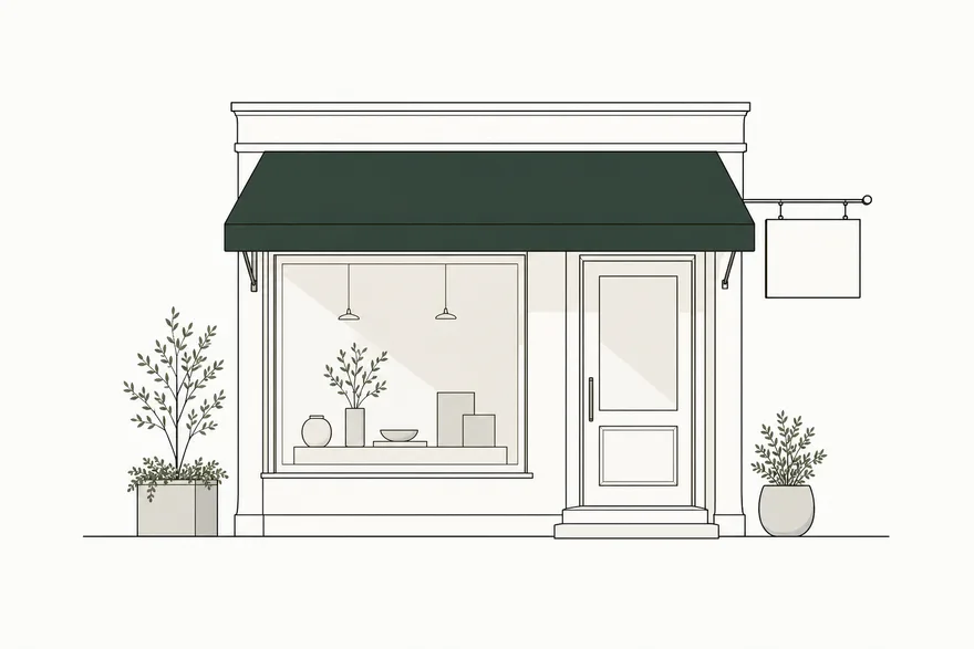 墨緑の日よけと看板のある店先のイラスト