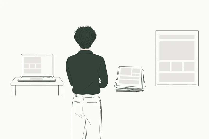 3つの選択肢の前で腕を組んで迷っている事業者のイラスト