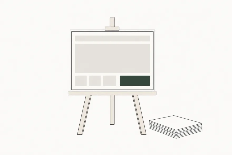 イーゼルに置かれた完成済みのホームページ画面と、使われないままの紙束のイラスト