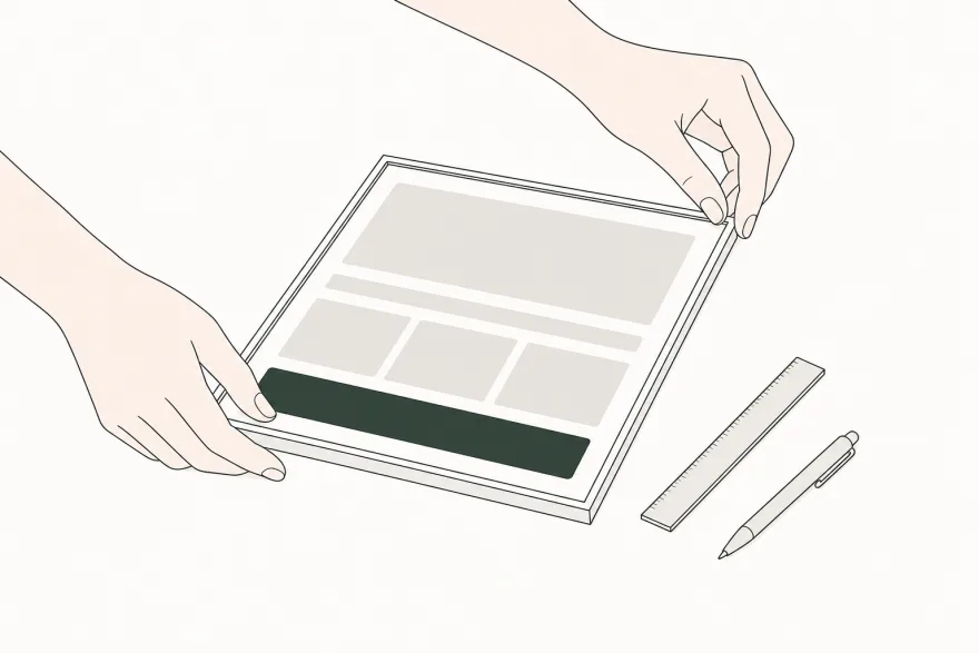 作業台の上で1枚のホームページ画面を仕上げている手のイラスト